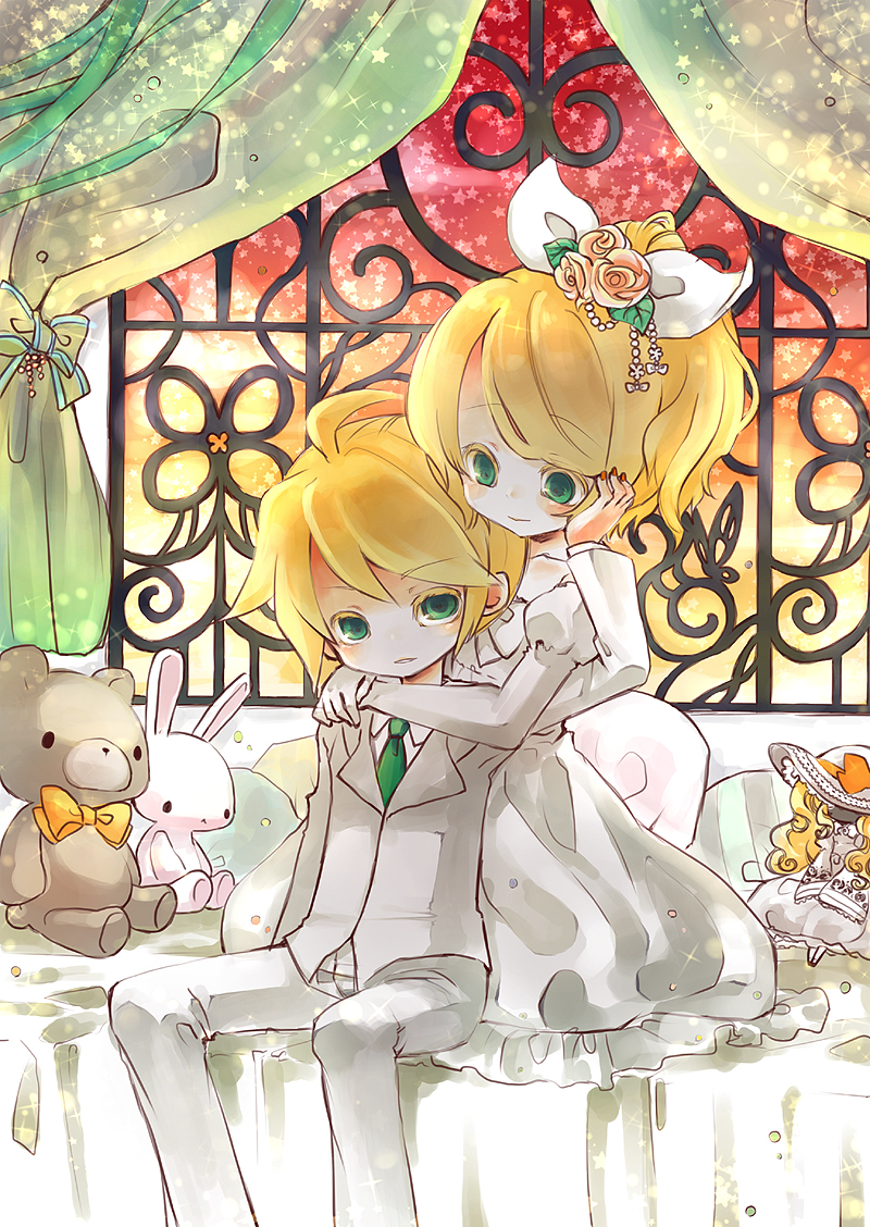 doll, flower, hair_ornament, himehi, kagamine_len, kagamine_rin, nail_polish, siblings