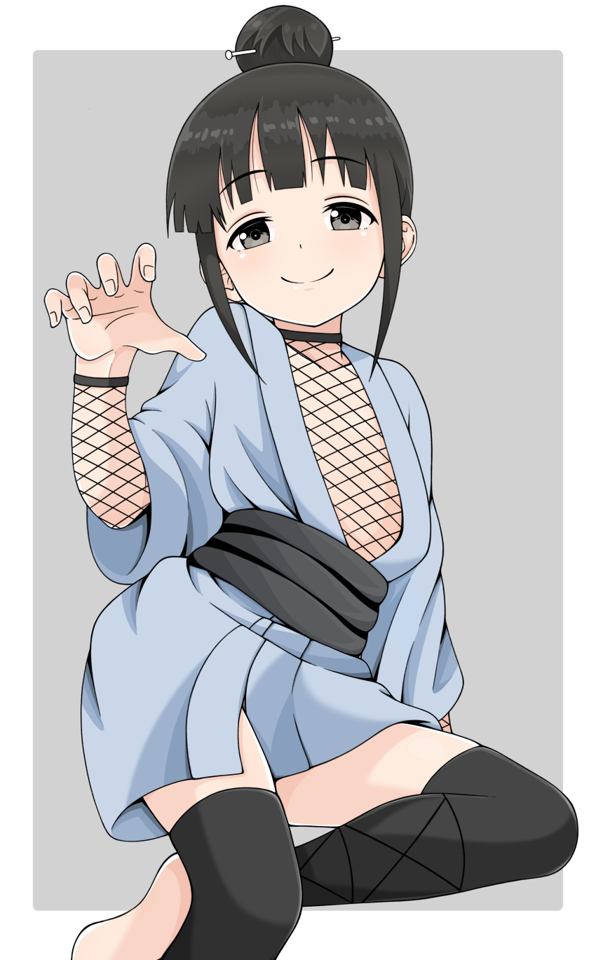 1girl, absurdres, black_eyes, black_hair, black_legwear, blue_kimono, claw_pose, fishnet_fabric, fishnets, hair_bun, hair_ornament, hair_stick, highres, japanese_clothes, kimono, kunoichi_tsubaki_no_mune_no_uchi, looking_at_viewer, medium_hair, mokuren_(kunoichi_tsubaki_no_mune_no_uchi), ninja, obi, sash, short_kimono, solo, thigh-highs, toeless_legwear, two-tone_background