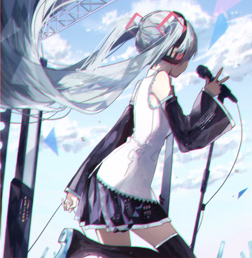 1girl, aqua_hair, aqua_neckwear, bare_shoulders, belt, black_legwear, black_skirt, black_sleeves