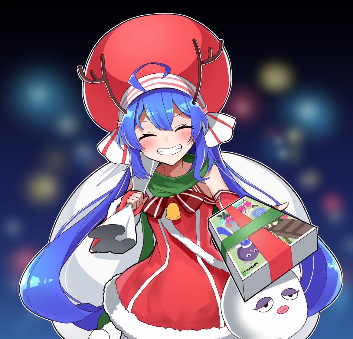 1girl, ^_^, ahoge, antlers, bare_shoulders, bell, blue_hair, blurry