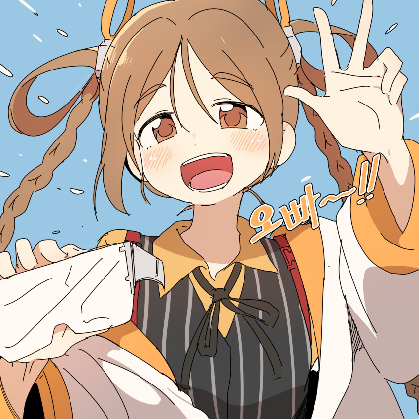 1girl, blush, braid, brown_hair, doctor_(last_origin), eyewear_removed, hair_pliers, hair_rings