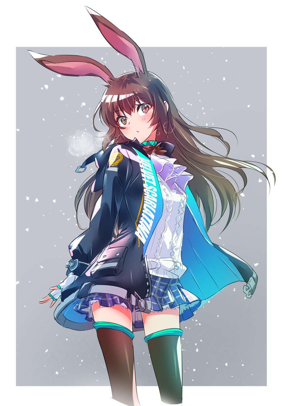 1girl, amiya_(arknights), amiya_(arknights)_(cosplay), animal_ears, arknights, brown_eyes, brown_hair, bunny_girl, bunny_tail, cosplay, highres, iesupa, jacket, long_hair, neon_trim, plaid, plaid_skirt, rabbit_ears, rwby, skirt, solo, tail, thigh-highs, velvet_scarlatina