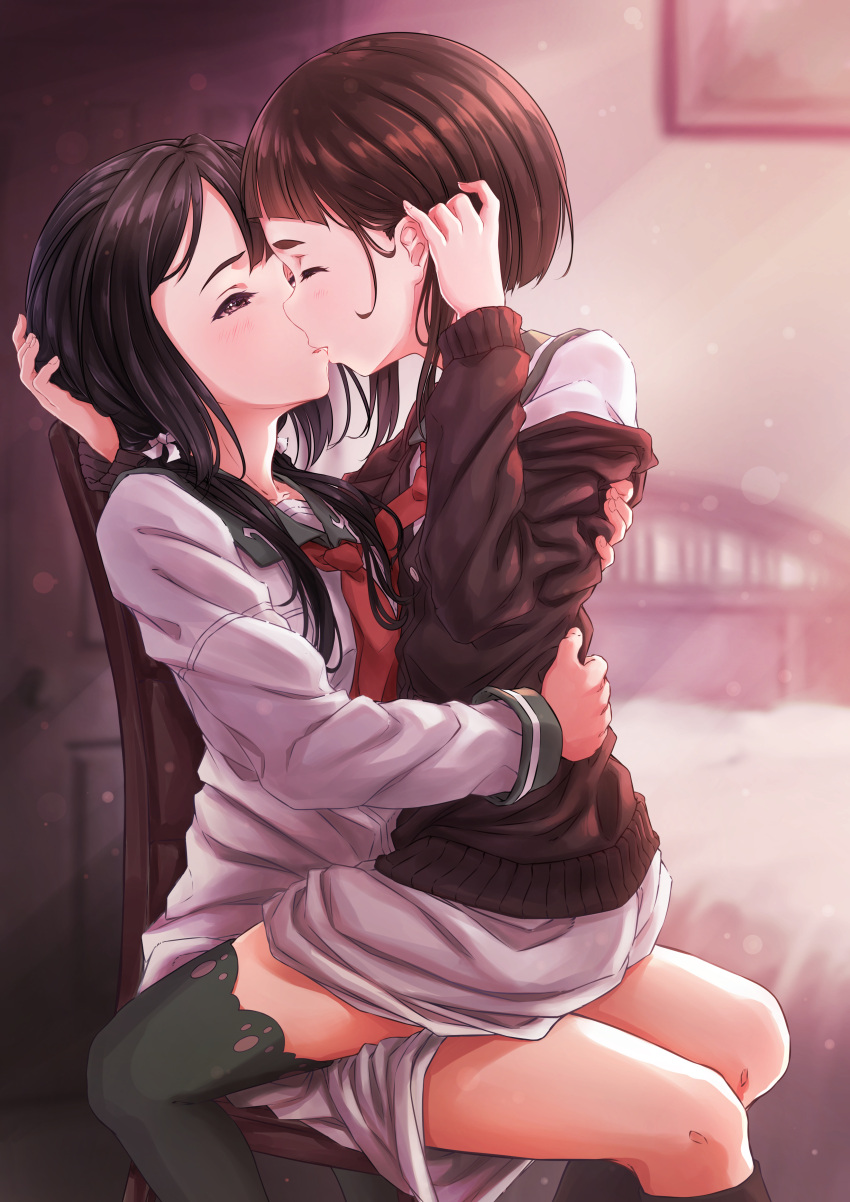 2girls, absurdres, bed, black_eyes, black_hair, blurry, blurry_background, blush