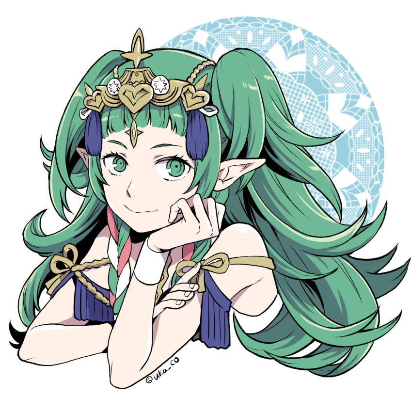 1girl, braid, closed_mouth, fire_emblem, fire_emblem:_three_houses, green_eyes, green_hair, hair_ornament, highres, long_hair, nagao_uka, pointy_ears, smile, solo, sothis_(fire_emblem), tiara, twin_braids, twitter_username, upper_body