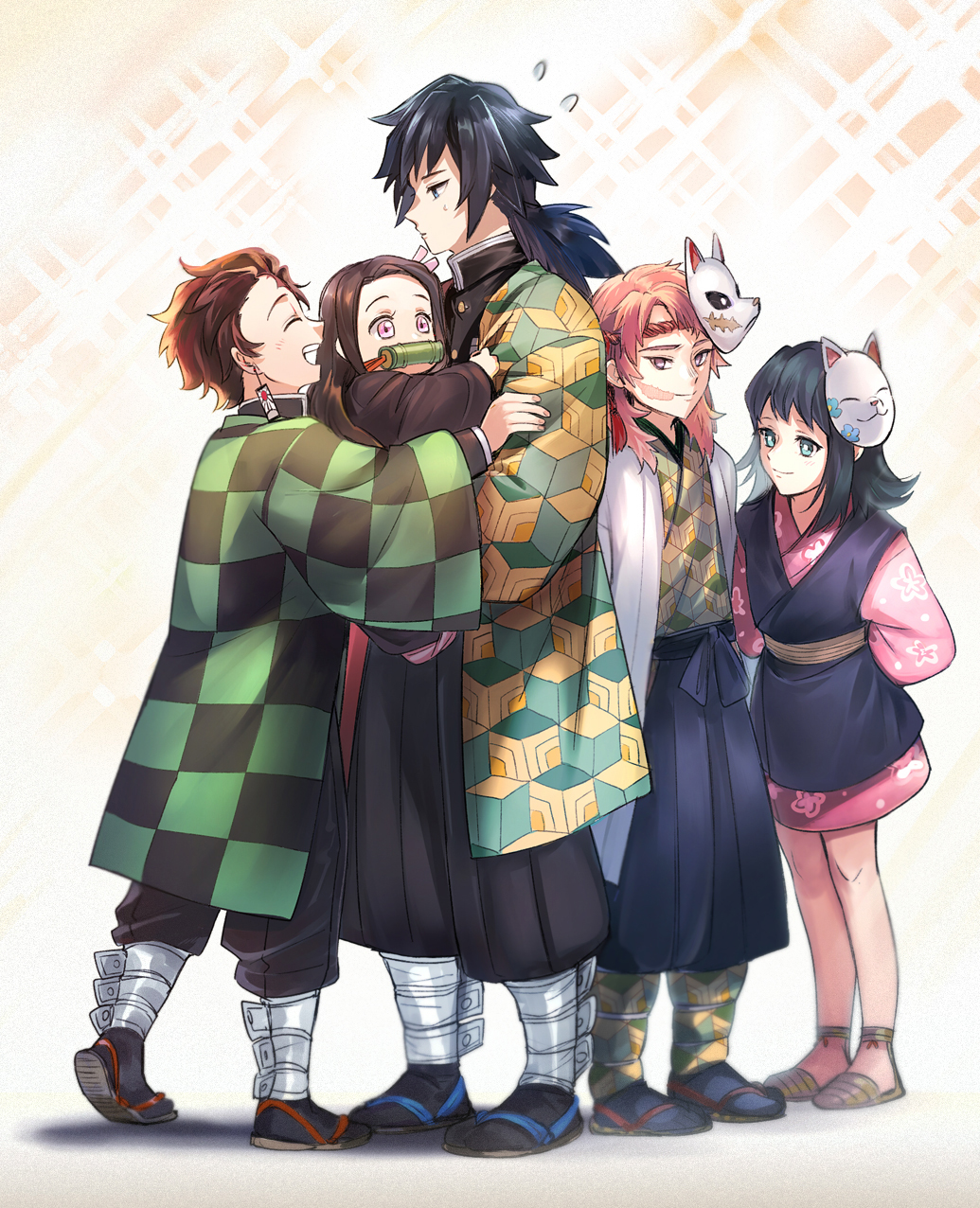 2girls, 3girls, :d, aki_(neyuki41028), arms_behind_back, black_eyes, black_hair, black_legwear, black_pants, blue_eyes, blue_hakama, brown_eyes, brown_hair, carrying, checkered_haori, closed_eyes, closed_mouth, earrings, floral_print, fox_mask, full_body, hakama, highres, japanese_clothes, jewelry, kamado_nezuko, kamado_tanjirou, kimetsu_no_yaiba, kimono, long_hair, low_ponytail, makomo_(kimetsu), mask, mask_on_head, multiple_girls, open_mouth, pants, pink_eyes, pink_kimono, print_kimono, sabito_(kimetsu), short_kimono, smile, standing, sweatdrop, tabi, tomioka_giyuu, white_background