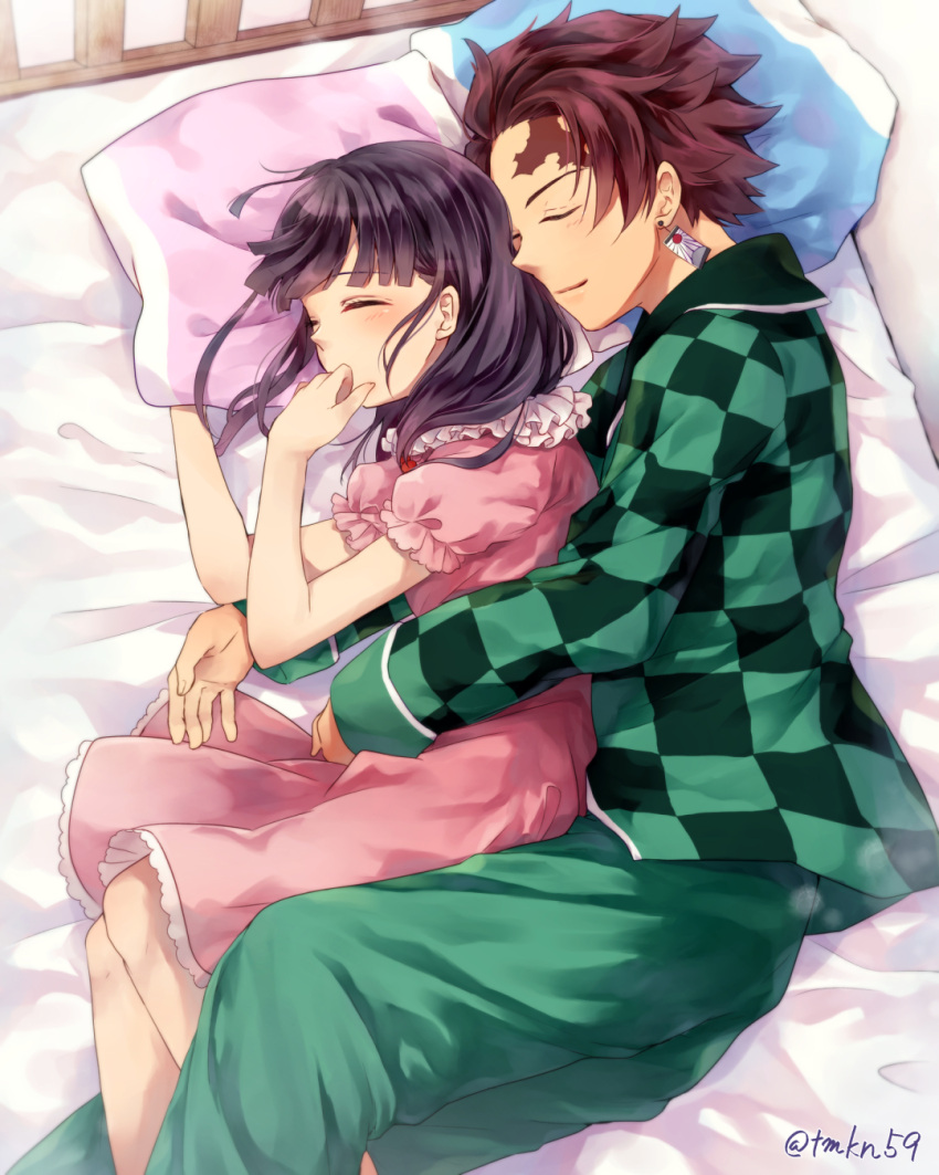 1boy, 1girl, bed_sheet, black_hair, blush, brown_hair, checkered, checkered_shirt, closed_eyes, couple, dress, earrings, eyebrows_visible_through_hair, from_above, green_pants, green_shirt, highres, hug, hug_from_behind, jewelry, kamado_tanjirou, kimetsu_no_yaiba, long_hair, long_sleeves, lying, medium_dress, ofuton_tamago, on_side, pants, pillow, pink_dress, shirt, short_dress, short_sleeves, sleeping, smile, spiky_hair, tsuyuri_kanao, twitter_username