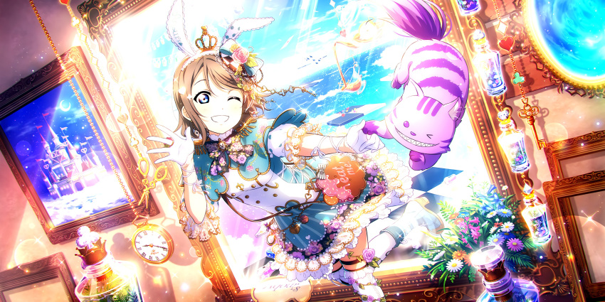 blue_eyes, blush, dress, grey_hair, love_live!_school_idol_festival_all_stars, short_hair, smile, watanabe_you, wink, wonderland