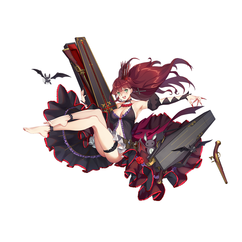 barefoot, bat, breasts, coffin, cross, cross_earrings, crossed_legs, crown, earrings, fingernails, formidable_(warship_girls_r), green_eyes, gun, jewelry, large_breasts, long_fingernails, musket, open_mouth, redhead, toenail_polish, toenails, toes, warship_girls_r, weapon, wiggling_toes, zi_se