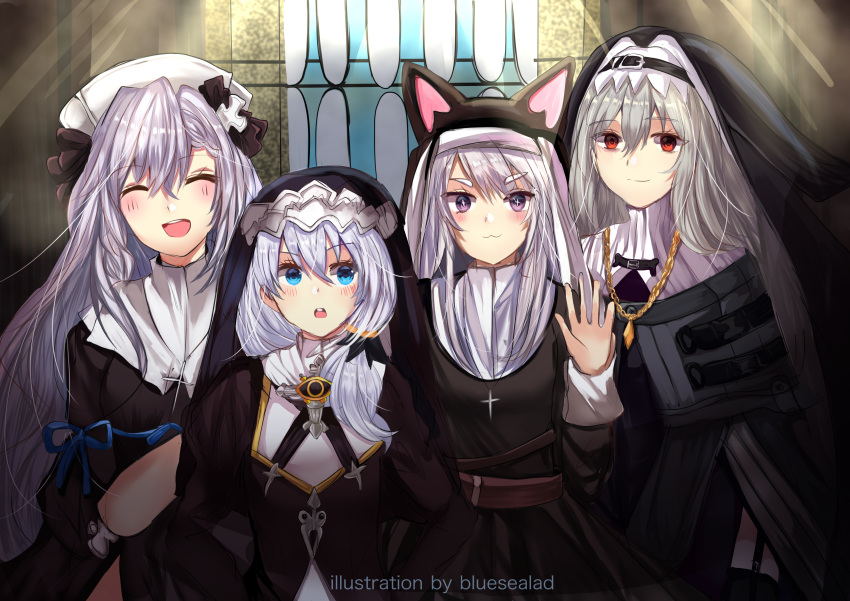 4girls, absurdres, animal_ears, arknights, azur_lane, bangs, black_dress, blue_eyes