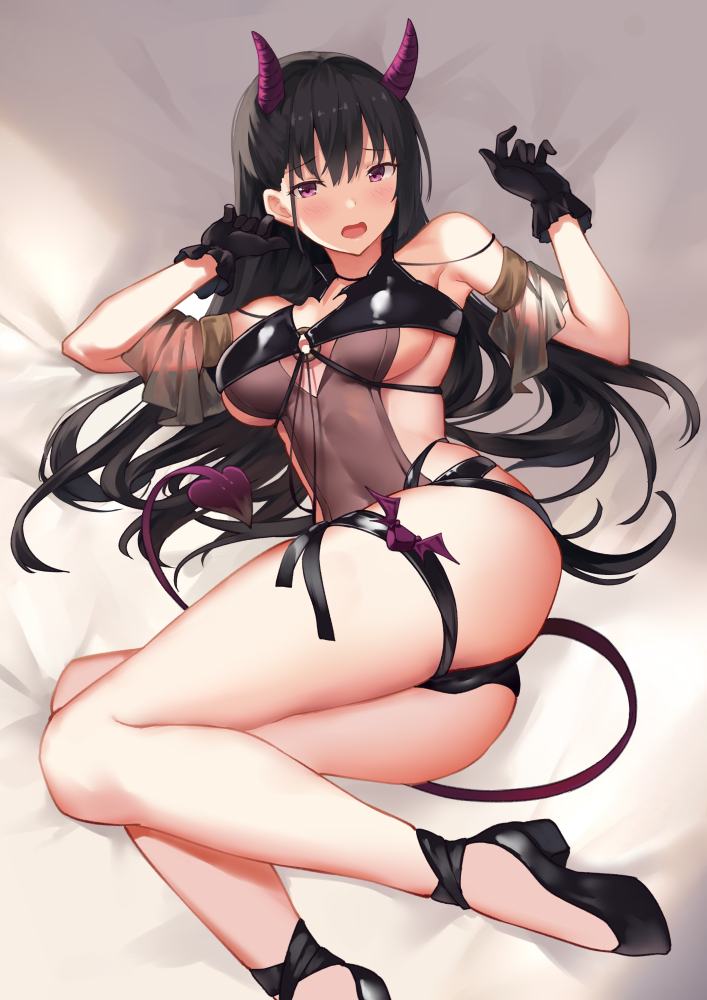 1girl, bangs, bare_shoulders, black_footwear, black_gloves, black_hair, blush, breasts