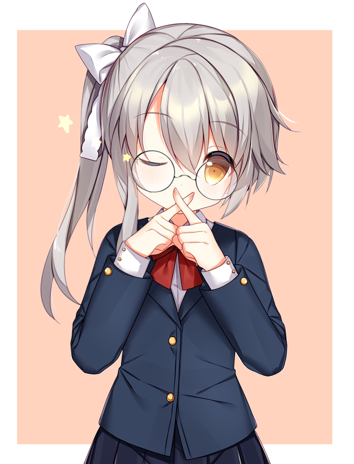 1girl, bangs, black-framed_eyewear, black_jacket, black_skirt, blazer, blush, bow