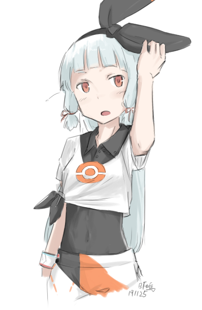 1girl, black_hairband, bodysuit_under_clothes, cosplay, cowboy_shot, dated, hair_ribbon, hairband