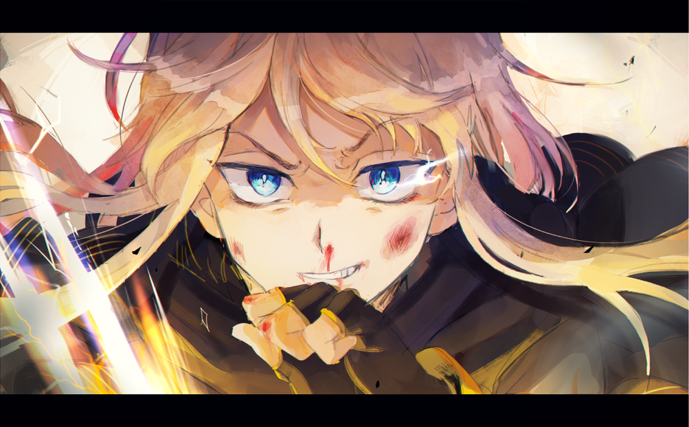 1boy, black_gloves, blonde_hair, blue_eyes, bruise, bruise_on_face, clenched_hand, commentary_request
