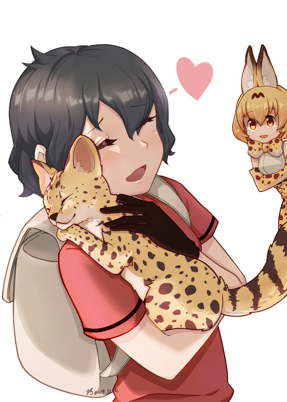 2girls, animal_ears, backpack, bag, bare_shoulders, black_hair, blonde_hair, blush, bow, bowtie, cat, closed_eyes, commentary_request, elbow_gloves, eyebrows_visible_through_hair, gloves, heart, high-waist_skirt, highres, holding, holding_cat, kaban_(kemono_friends), kemono_friends, multiple_girls, natuki_takumi, no_hat, no_headwear, print_gloves, print_neckwear, print_skirt, red_shirt, serval, serval_(kemono_friends), serval_ears, serval_girl, serval_print, serval_tail, shirt, short_hair, short_sleeves, skirt, sleeveless, t-shirt, tail, yellow_eyes