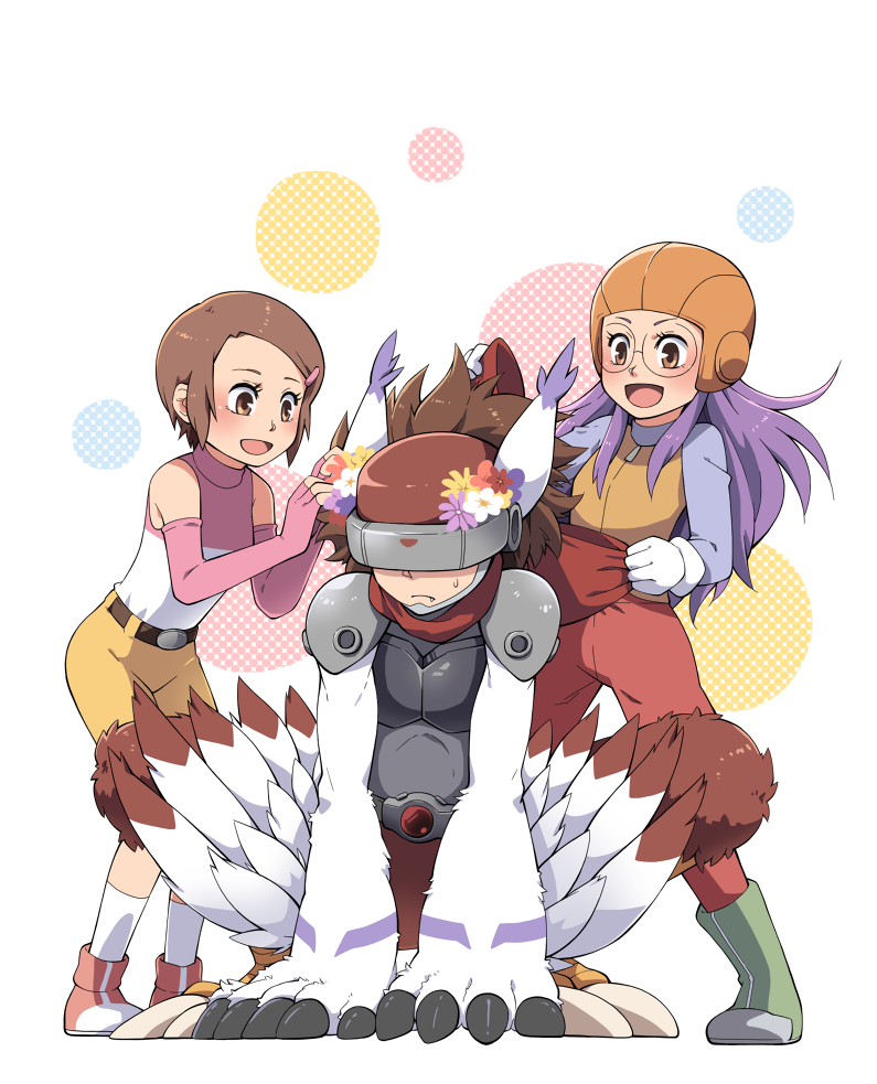 1boy, 2girls, all_fours, animal_ears, artist_request, back_bow, bangs, belt