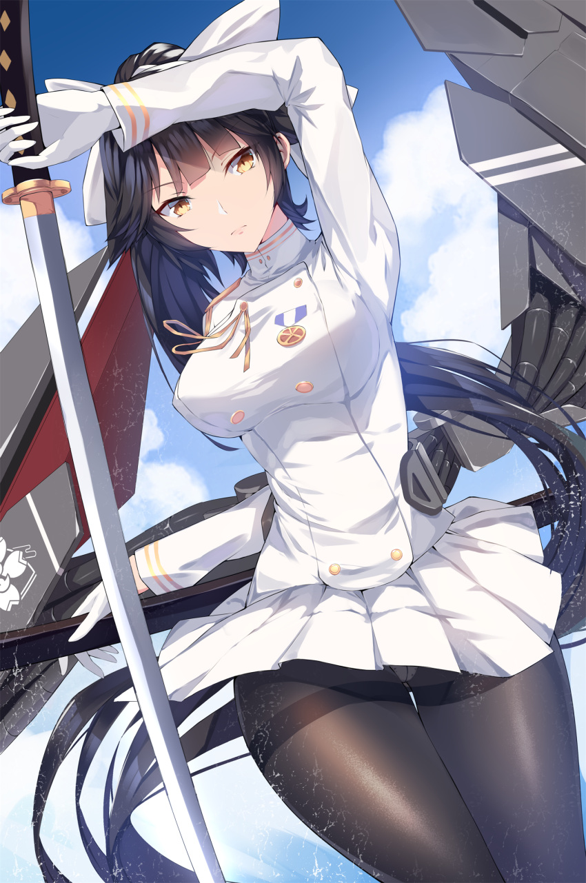animal_ears, azur_lane, black_hair, black_legwear, blue_sky, bow, clouds, commentary_request