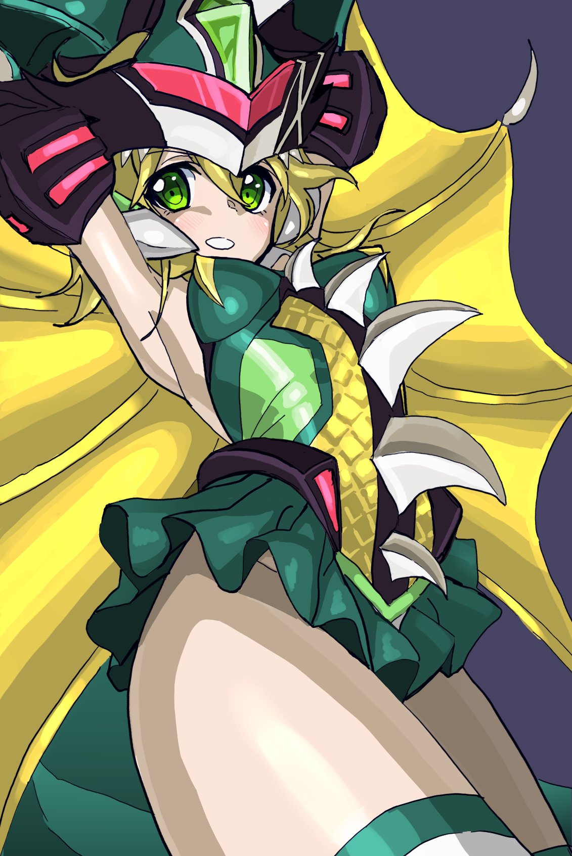1girl, akatsuki_kirika, arms_up, blonde_hair, blush, breasts, commentary_request, cosplay