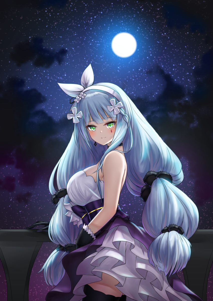 1girl, bangs, bare_shoulders, big_hair, black_choker, black_gloves, black_legwear, blunt_bangs, blush, breasts, choker, dress, earrings, eyebrows_visible_through_hair, facial_mark, frilled_dress, frills, full_moon, girls_frontline, gloves, green_eyes, hair_ornament, hairband, highres, hk416_(girls_frontline), jewelry, kkumdol, large_breasts, layered_dress, light_blue_hair, long_hair, looking_at_viewer, looking_back, moon, night, ob, purple_skirt, silver_hair, skirt, sky, smile, solo, star_(sky), starry_sky, teardrop, thigh-highs, very_long_hair, white_dress, white_hairband