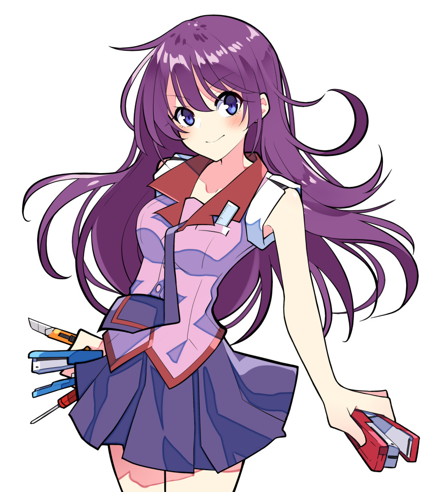 1girl, absurdres, bakemonogatari, blue_eyes, blue_neckwear, blue_skirt, blush, boxcutter