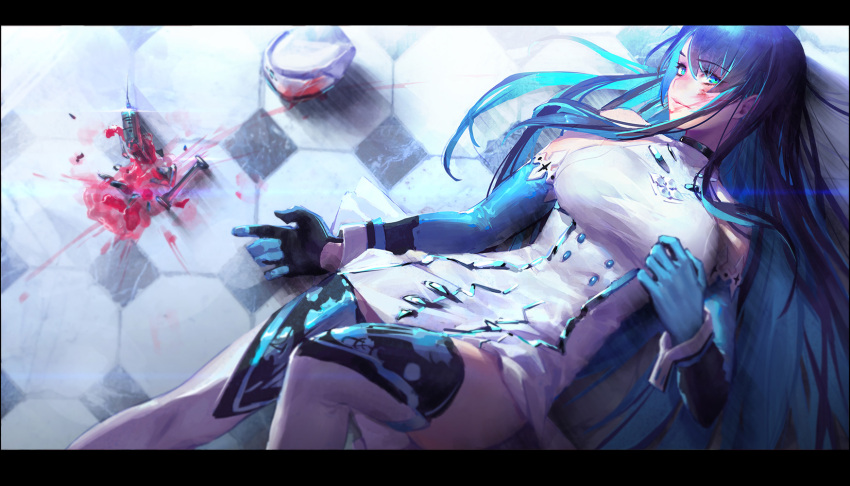 1girl, black_hair, blood, blood_on_face, blue_eyes, blue_gloves, blue_hair, breasts