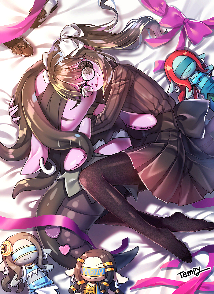 1girl, bed_sheet, black-framed_eyewear, black_bow, black_hair, black_legwear, black_sclera, black_skirt