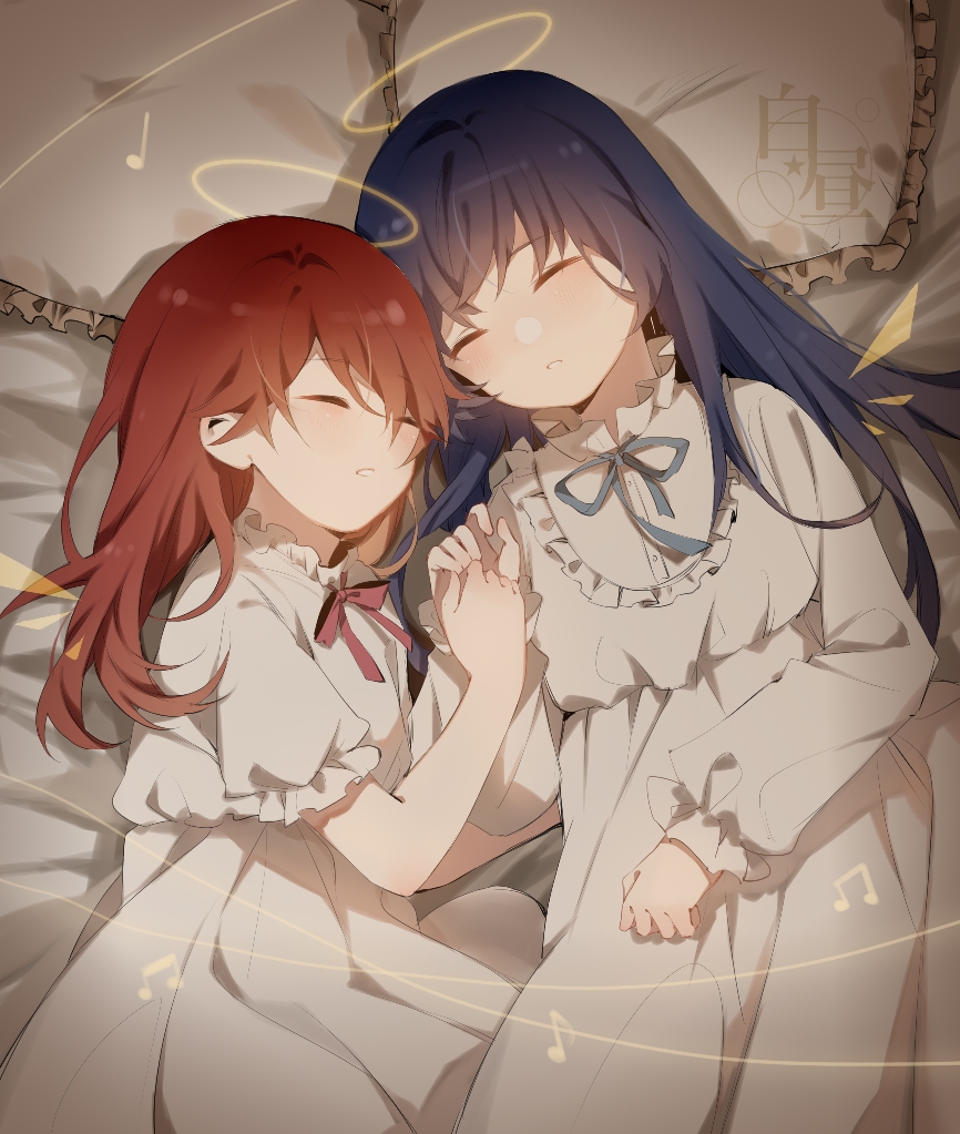 2girls, arknights, beamed_eighth_notes, bed_sheet, black_hair, blue_ribbon, blush, bow