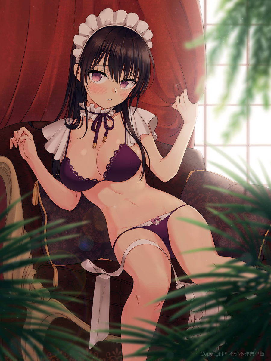 1girl, black_hair, bliss_(ferment_factory), blush, detached_collar, highres, lingerie, long_hair