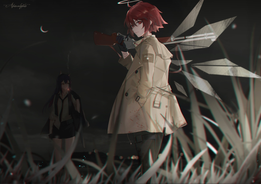 2girls, absurdres, arknights, bangs, black_pants, black_skirt, chinese_commentary, cjmy
