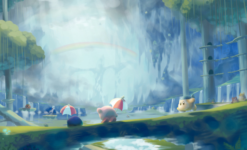 bandana_waddle_dee, blue_sky, bridge, cave, clouds, con_(kirby), fatty_whale, gator_(kirby)
