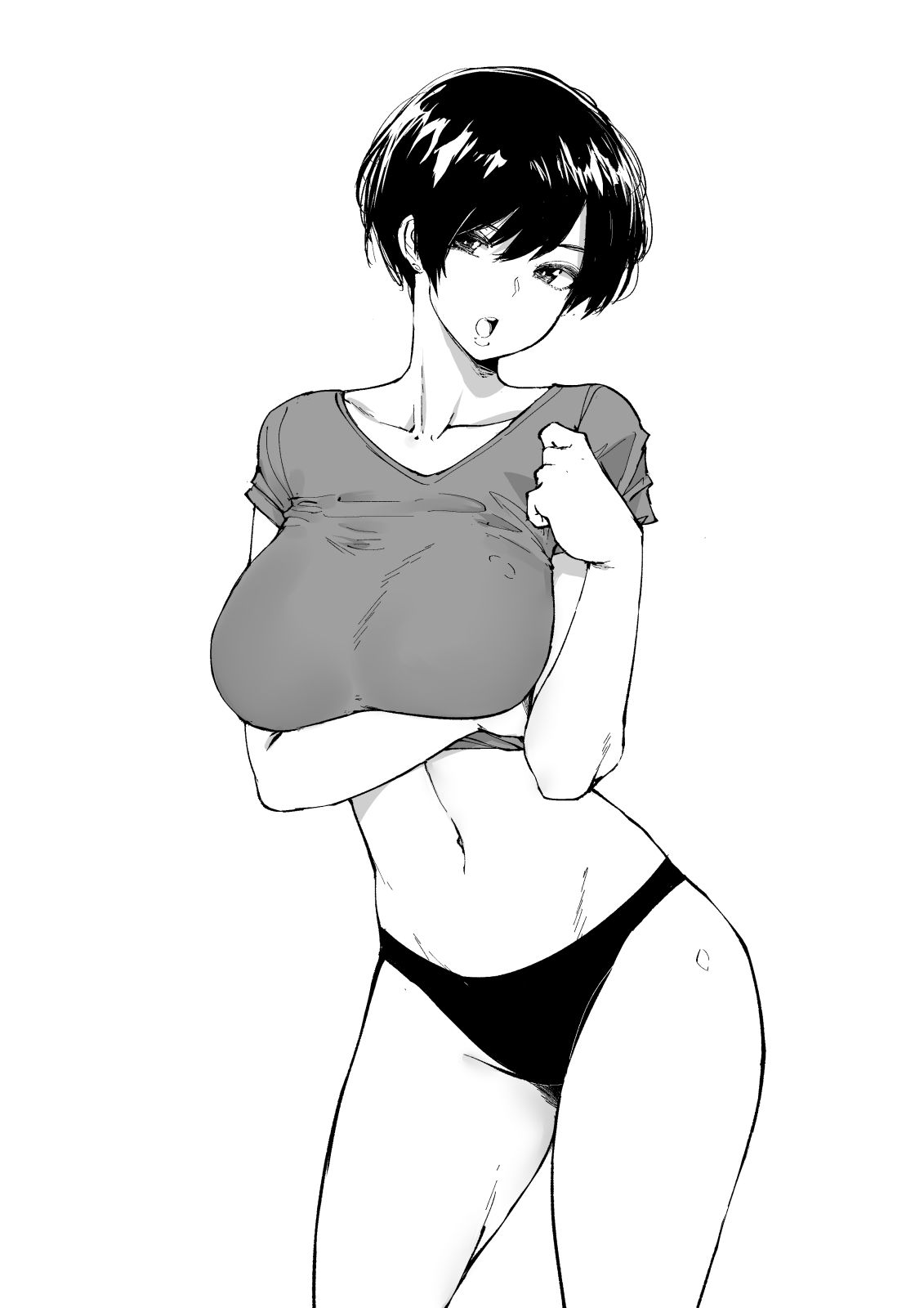 1girl, breast_hold, breasts, commentary, cowboy_shot, english_commentary, greyscale, highres