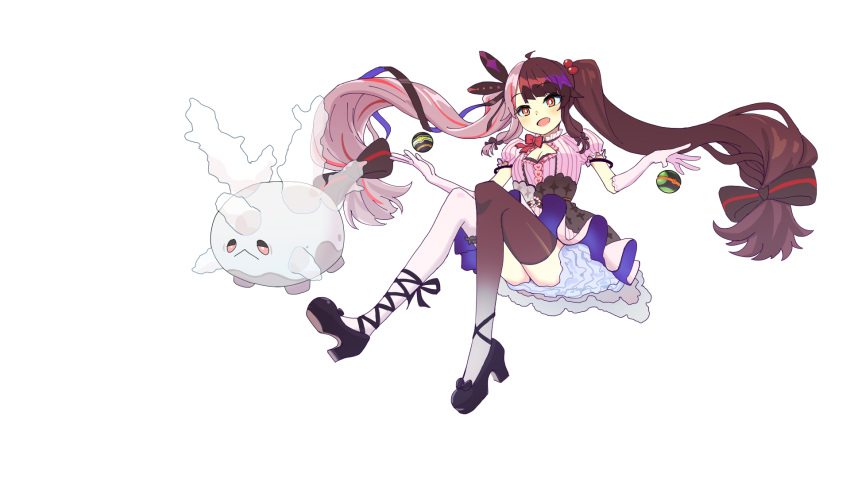 1girl, black_ribbon, breast_envy, cleavage_cutout, dress, gloves, hair_bobbles, hair_ornament