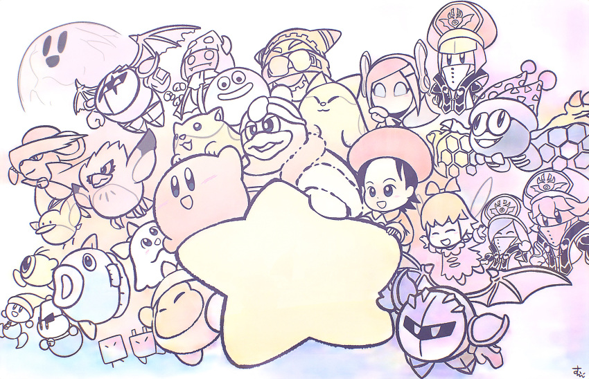 2others, 6+boys, 6+girls, adeleine, bandana_waddle_dee, chilly_(kirby), chuchu_(kirby), coo_(kirby), dark_meta_knight, daroach, flamberge_(kirby), flying, francisca_(kirby), gooey, hat, highres, kine_(kirby), king_dedede, kirby, kirby:_star_allies, kirby_(series), magolor, marx_(kirby), mask, meta_knight, nago_(kirby), pitch_(kirby), plugg_(kirby), poppy_bros_jr, qbby, ribbon_(kirby), rick_(kirby), smile, susie_(kirby), tagme, taranza, traditional_media, user_wadu3873, void_soul, waddle_doo, warp_star, watercolor_(medium), zan_partizanne