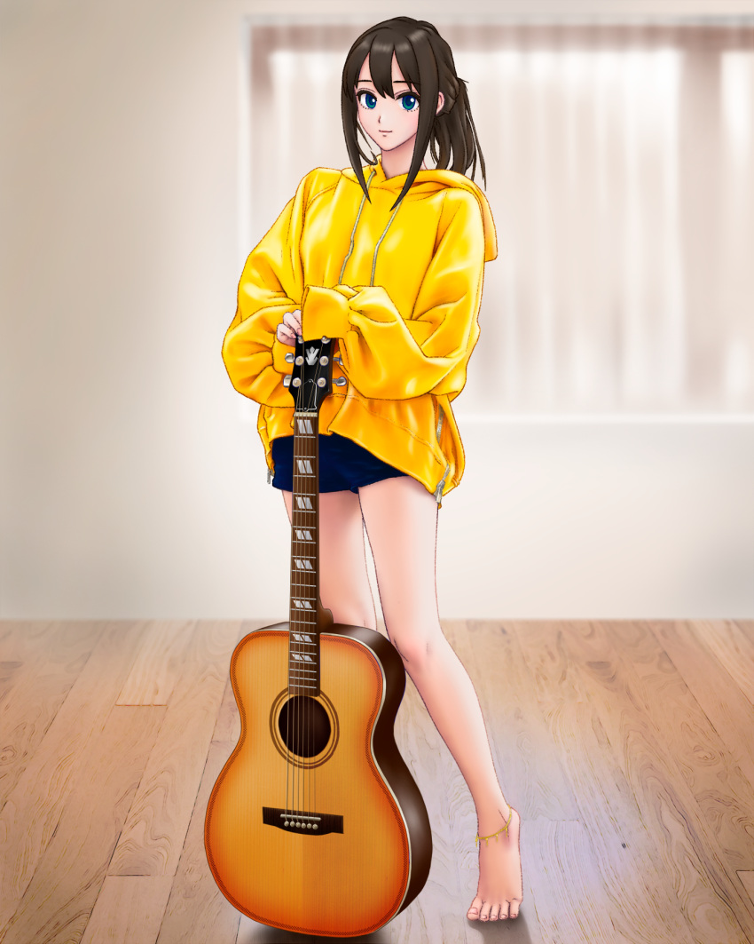 1girl, barefoot, blue_shorts, brown_hair, commentary_request, curtains, full_body, green_eyes