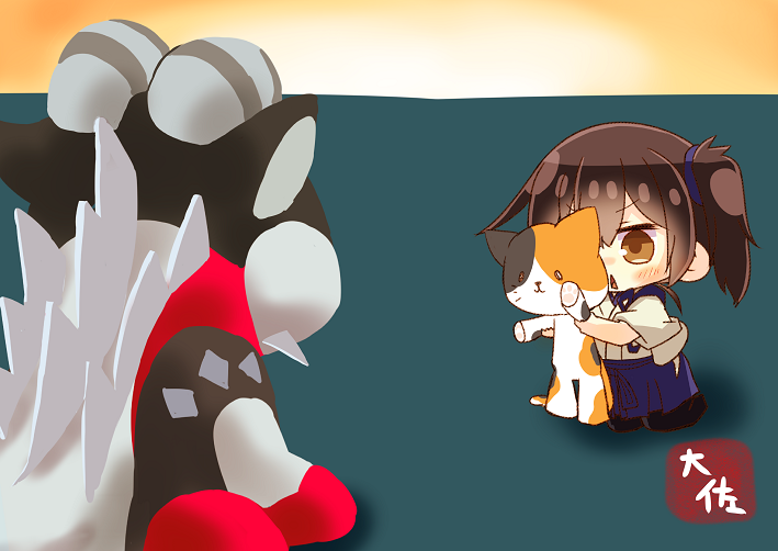 1girl, 1other, artist_name, black_legwear, blue_hakama, blush, brown_eyes, brown_hair