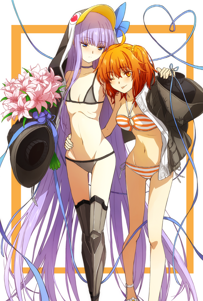 2girls, ahoge, animal_costume, animal_hood, armored_boots, bikini, blue_choker, blue_eyes
