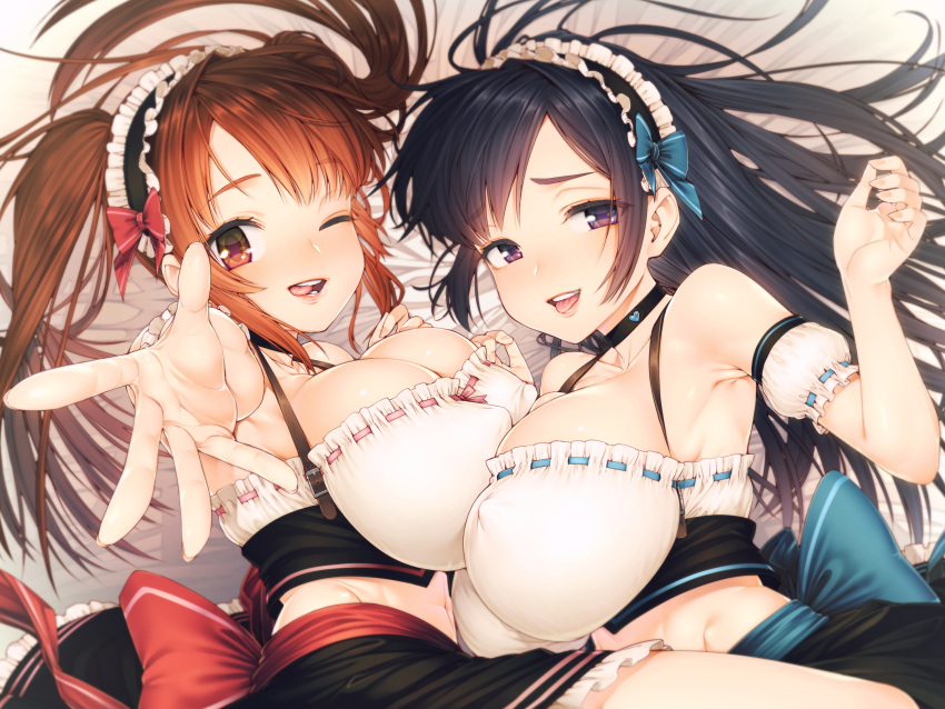 2girls, :d, ;p, apron, armpits, asymmetrical_docking, bangs, black_hair