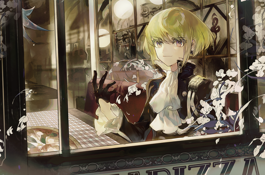 1boy, black_gloves, black_jacket, cravat, earrings, food, gloves, green_hair, half_gloves, indoors, jacket, jewelry, lio_fotia, long_sleeves, looking_at_viewer, male_focus, ninini0001, pizza, promare, restaurant, short_hair, sitting, smile, table, violet_eyes