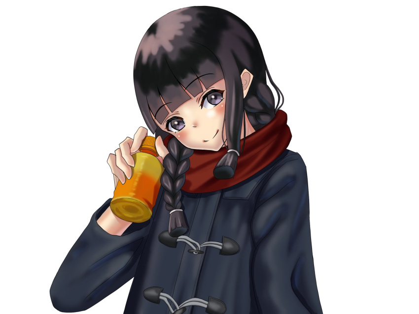 1girl, ashimaru, bangs, black_coat, black_eyes, black_hair, blunt_bangs, bottle