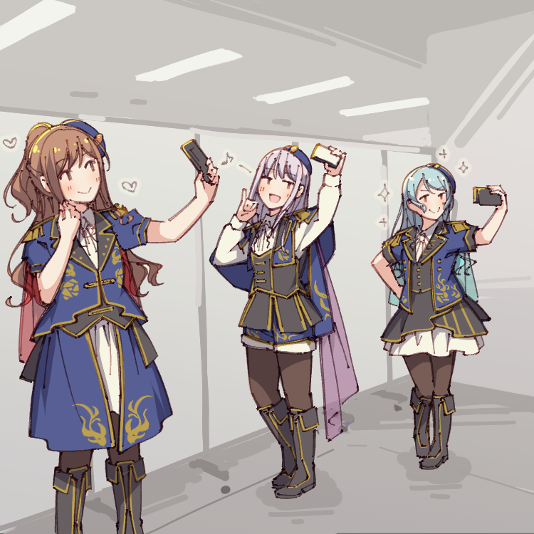 >:), 3girls, aiba_aina, aqua_hair, ayasaka, bang_dream!, bangs, black_footwear