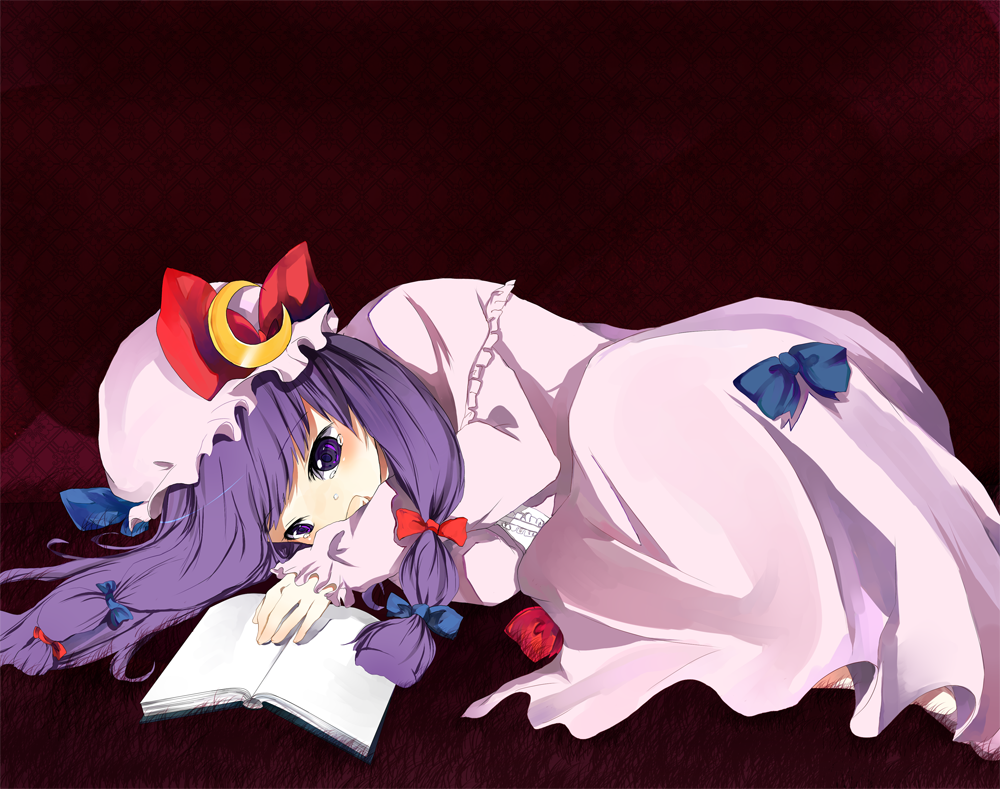 book, hair_ribbon, hair_ribbons, long_hair, lying, patchouli_knowledge, purple_eyes, purple_hair