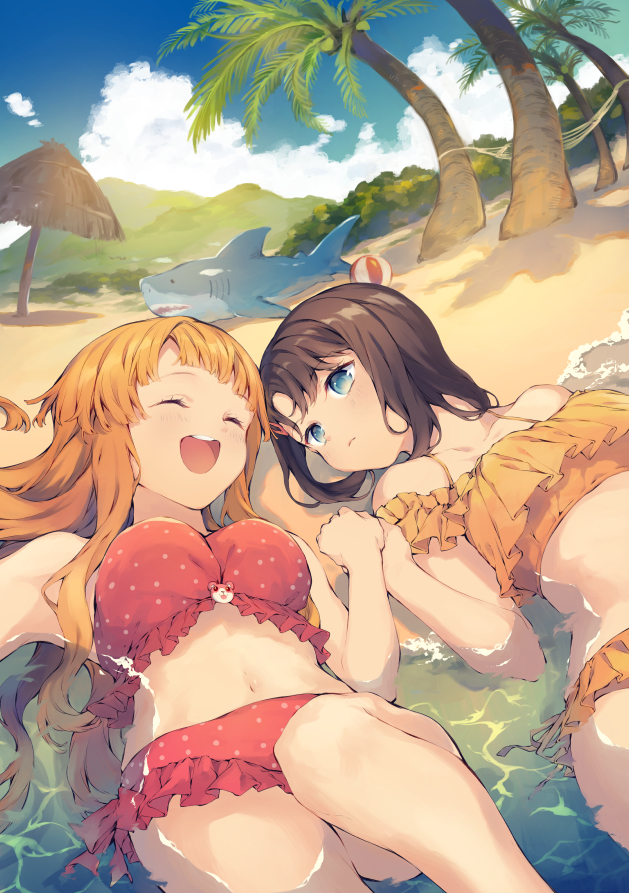 2girls, ^_^, aquariumtama, ball, bang_dream!, bangs, beach, beachball