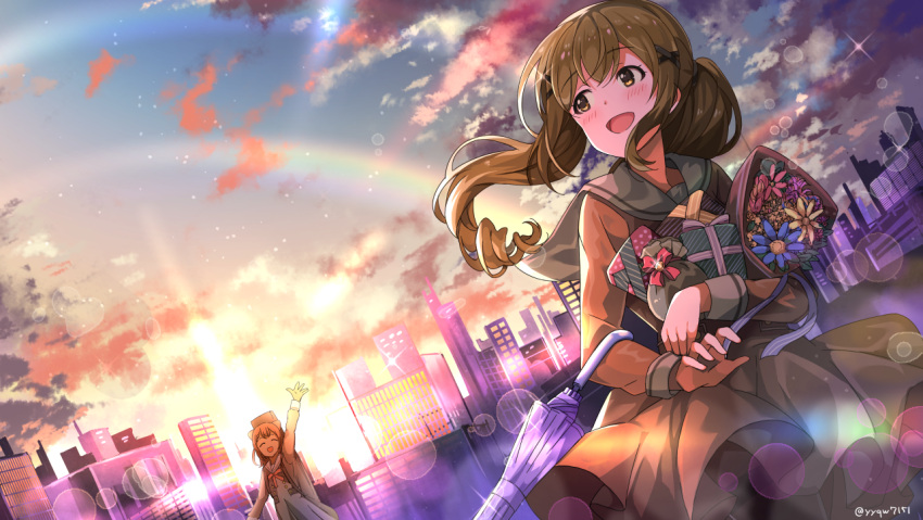 2girls, :d, ^_^, bang_dream!, bangs, birthday, blonde_hair, bouquet