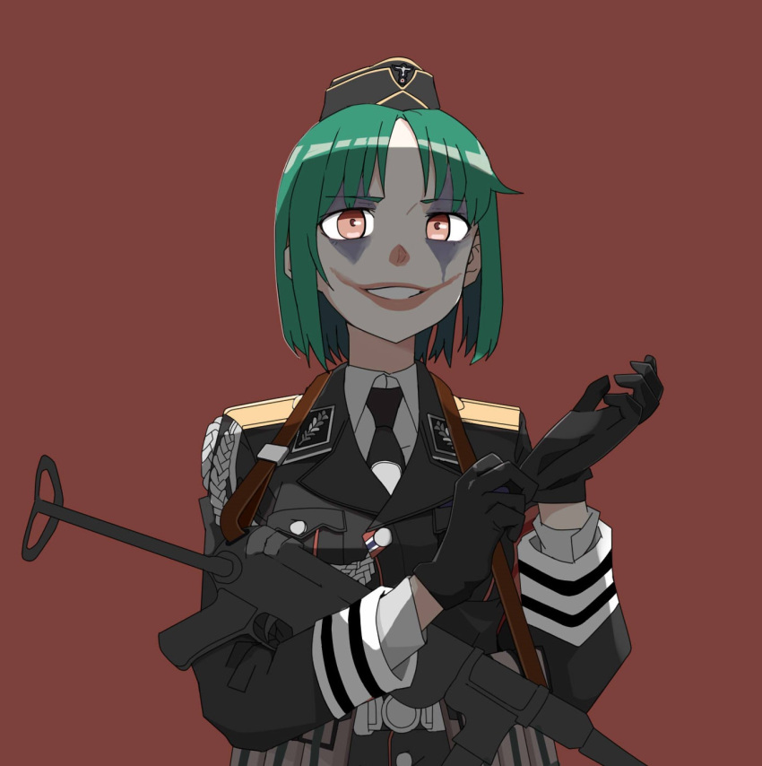 1girl, aiguillette, bangs, belt, black_headwear, black_jacket, black_neckwear, brown_eyes