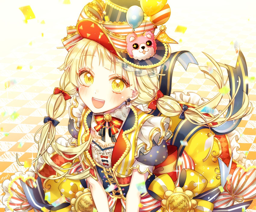 :d, artist_name, back_bow, balloon, bang_dream!, bangs, blonde_hair, blue_bow