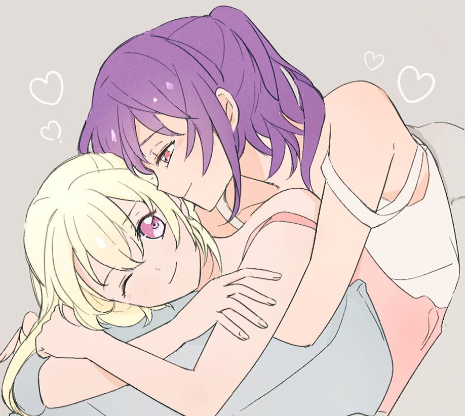 2girls, ;), bang_dream!, bangs, blonde_hair, camisole, crossed_arms, cuddling