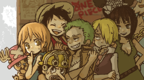 bandanna, black_hair, blonde_hair, brown_hair, crew, dress, earring, everyone