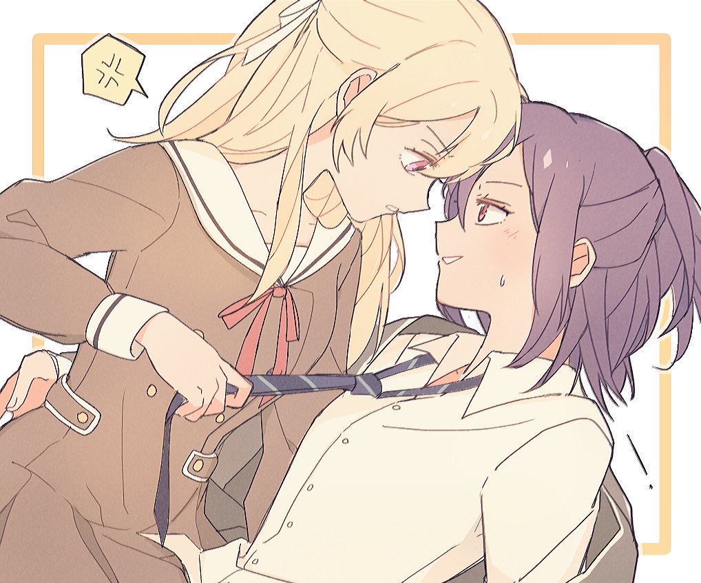 2girls, anger_vein, arm_around_waist, bang_dream!, bangs, blazer, brown_dress, clenched_teeth