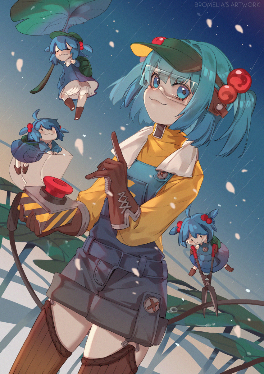 1girl, :3, absurdres, ahoge, bloomers, blue_dress, blue_eyes, blue_hair