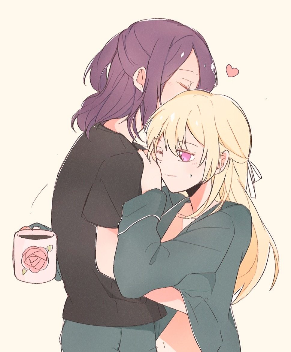 2girls, bang_dream!, bangs, black_shirt, blonde_hair, blue_pants, blue_shirt, closed_eyes