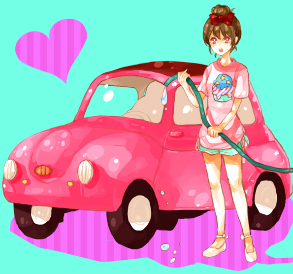 <3, 1girl, brown_hair, car, dada_(dolce), hair_ribbon, hair_ribbons, heart